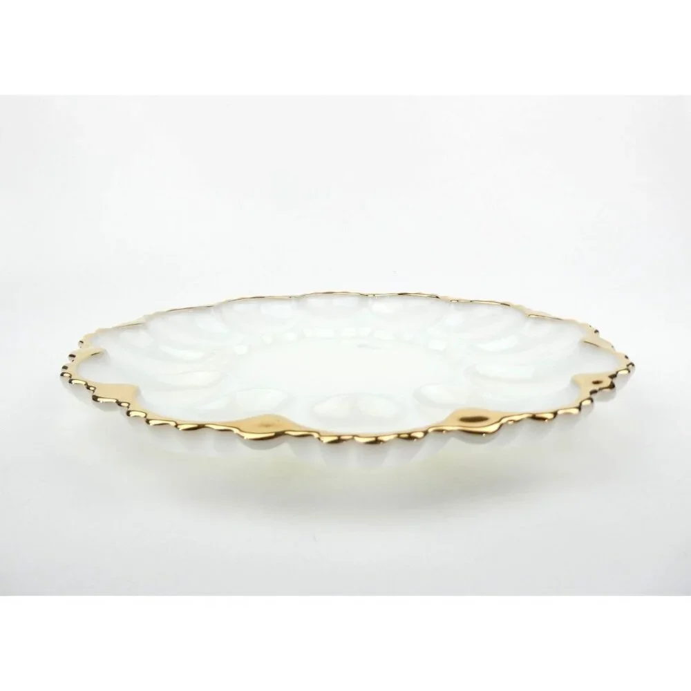 Vintage‎ Anchor Hocking Milk Glass Deviled Egg Plate With Gold Trim